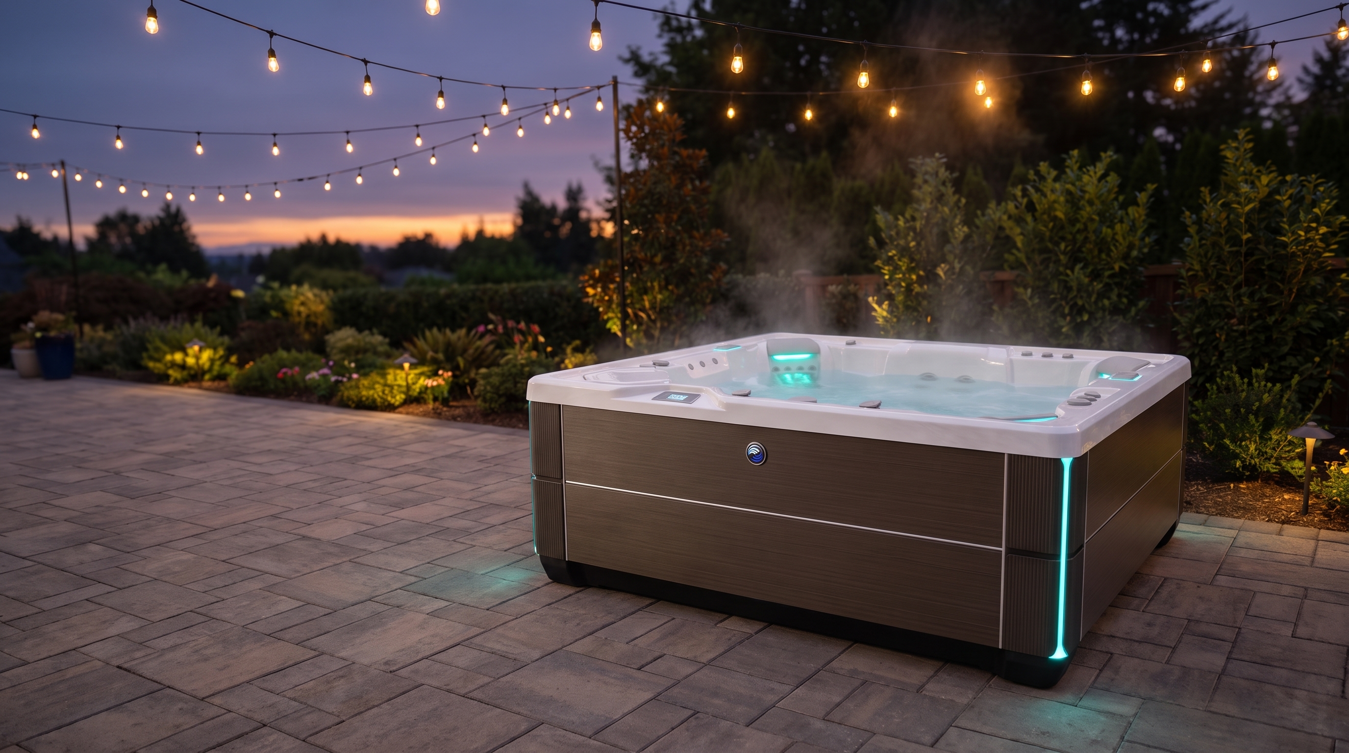 Hot Spring Grandee spa on a patio under warm string lights on a summer evening