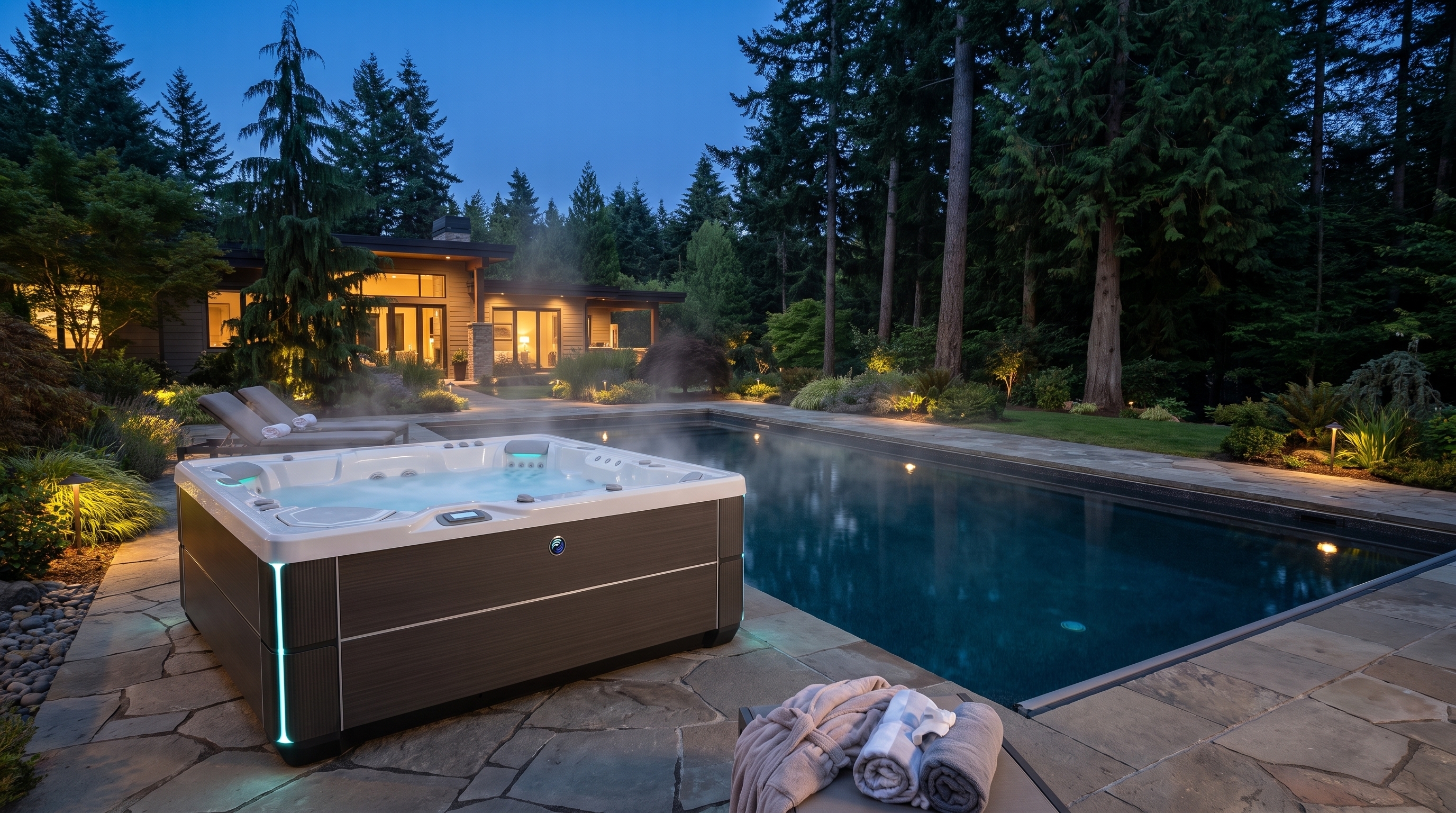Hot Spring Grandee spa on a poolside Pacific Northwest estate among evergreens